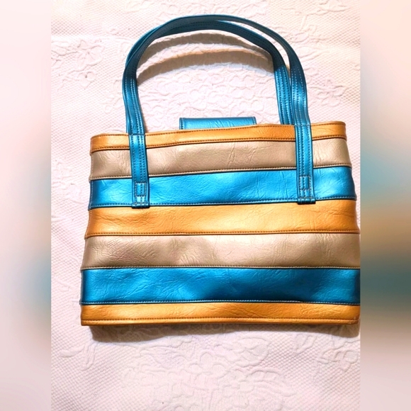 Super Cool And Unique Vintage Blue and Gold Women's Tote Bag. Vegan - Vinyl - Picture 3 of 8